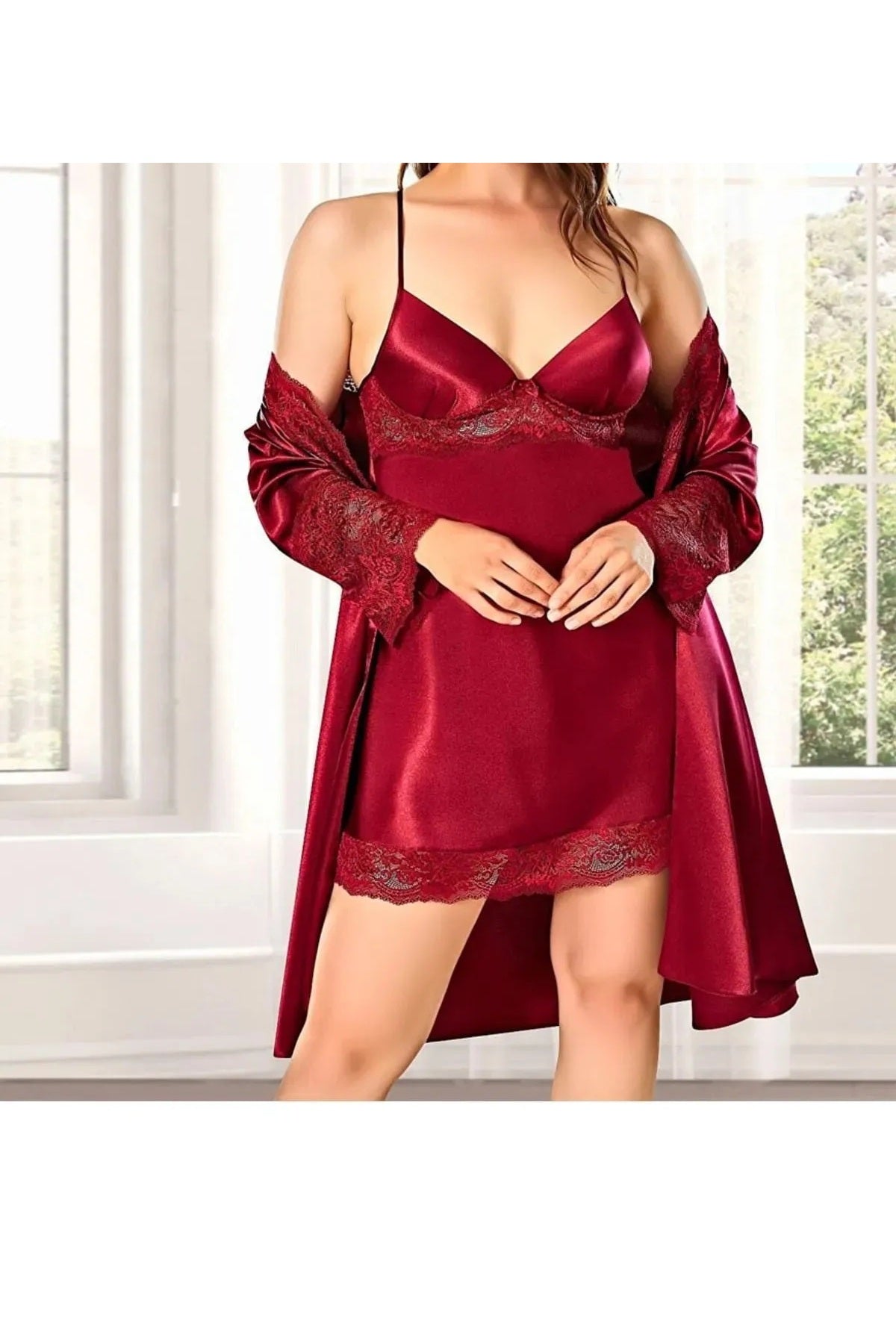 Kadın Bordo Saten Çeyiz Seti 6 Parça Dantelli Sabahlık Gecelik Pijama Şortlu Takım R.O.Z.8.6.E.LT.A