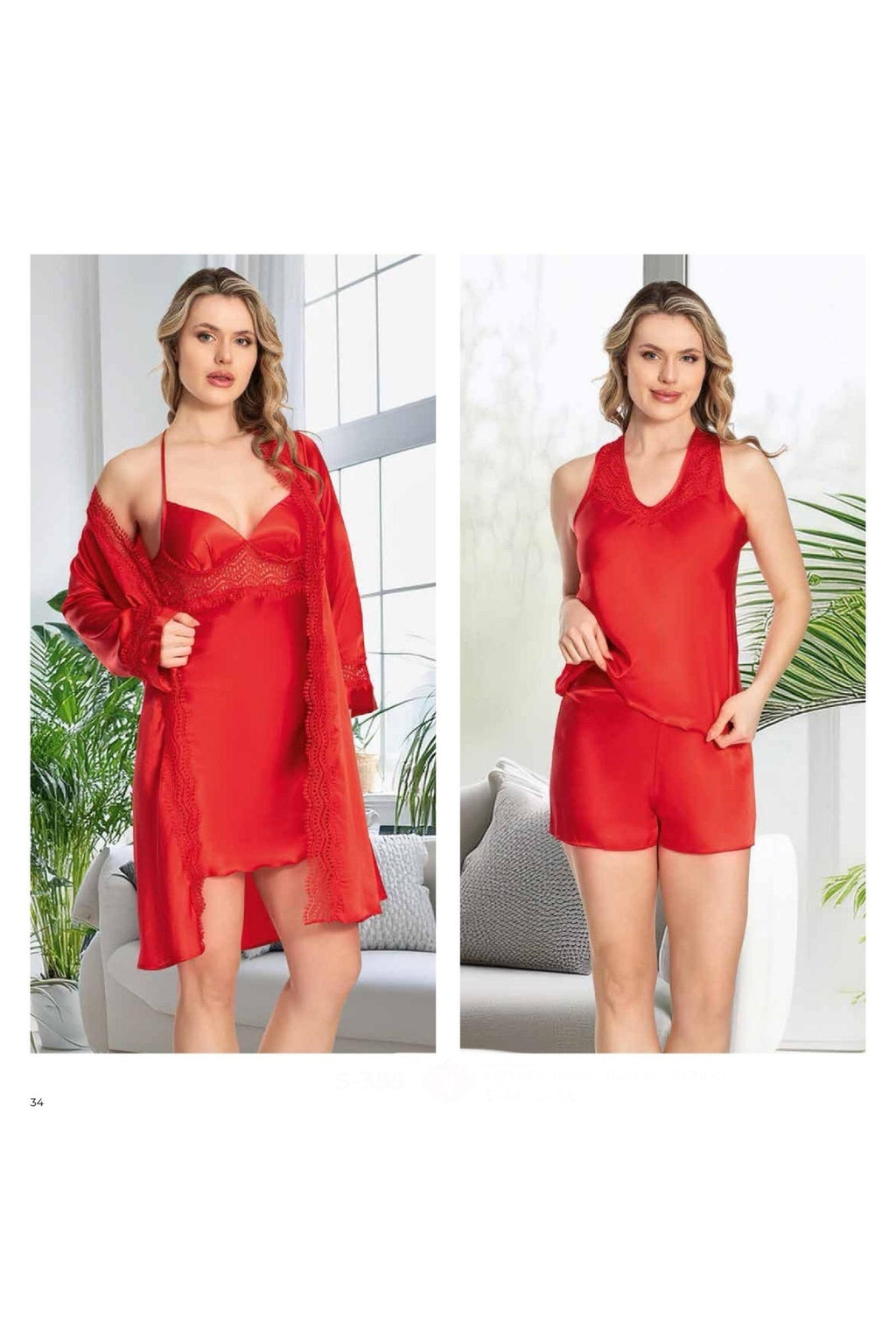 Kadın Kırmızı Saten Gecelik Sabahlık Pijama Takım Şort Takım 6'lı Set J.ER.3.R.O.Z5.5.E.L.T.