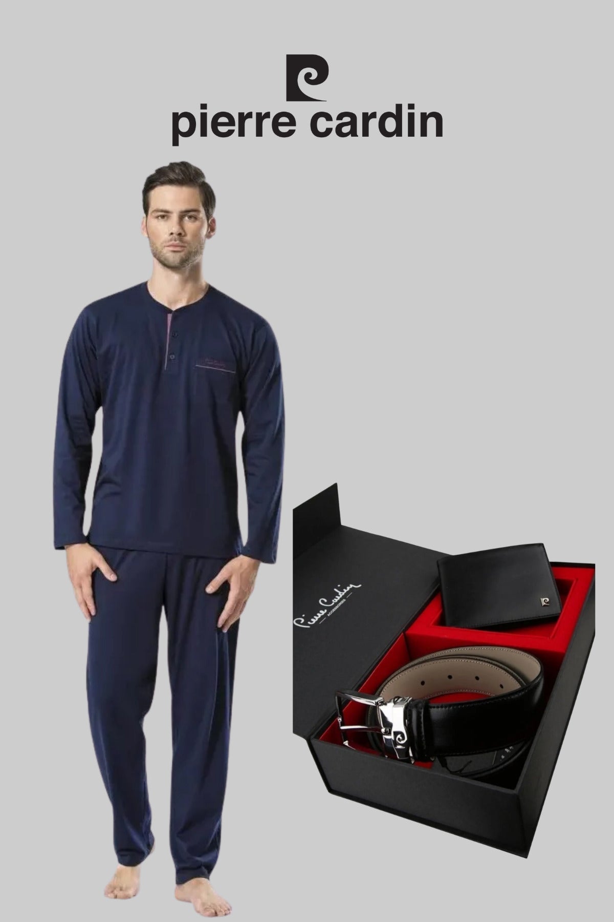 Erkek Lacivert Pamuklu Çeyizlik Kutulu Pijama Takımı Kemer & Cüzdan Set