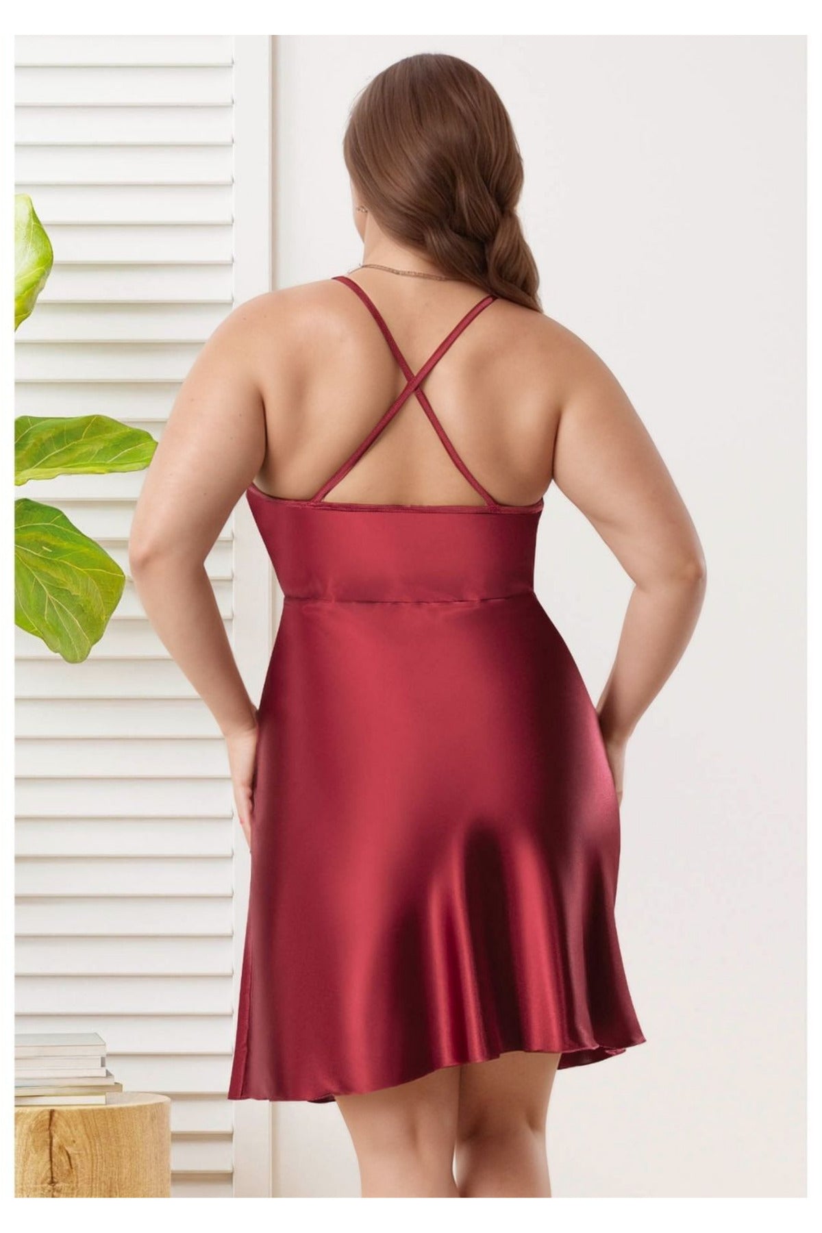 Kadın Bordo Büyük Beden Saten Gecelik - Dantel İşlemeli Plus Size Gecelik