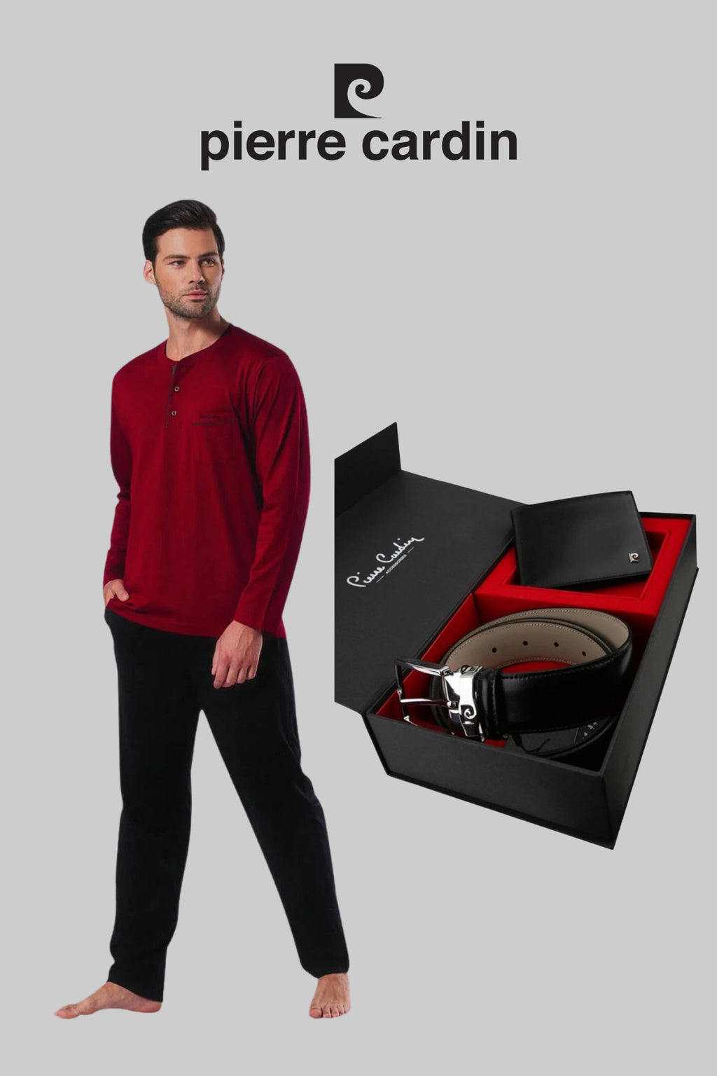 Erkek Bordo Pamuklu Çeyizlik Kutulu Pijama Takımı Kemer & Cüzdan Set