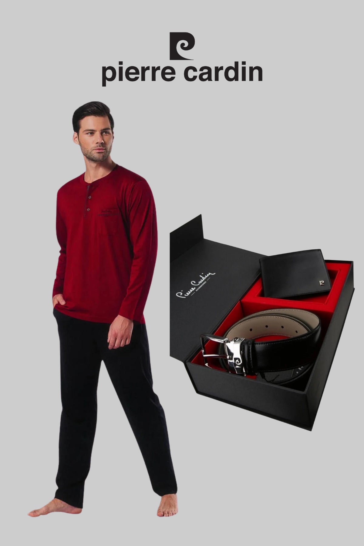 Erkek Bordo Pamuklu Çeyizlik Kutulu Pijama Takımı Kemer & Cüzdan Set