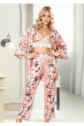 Çiçekli Saten 3'lü Pijama Takımı - Dantelli Sabahlıklı Set