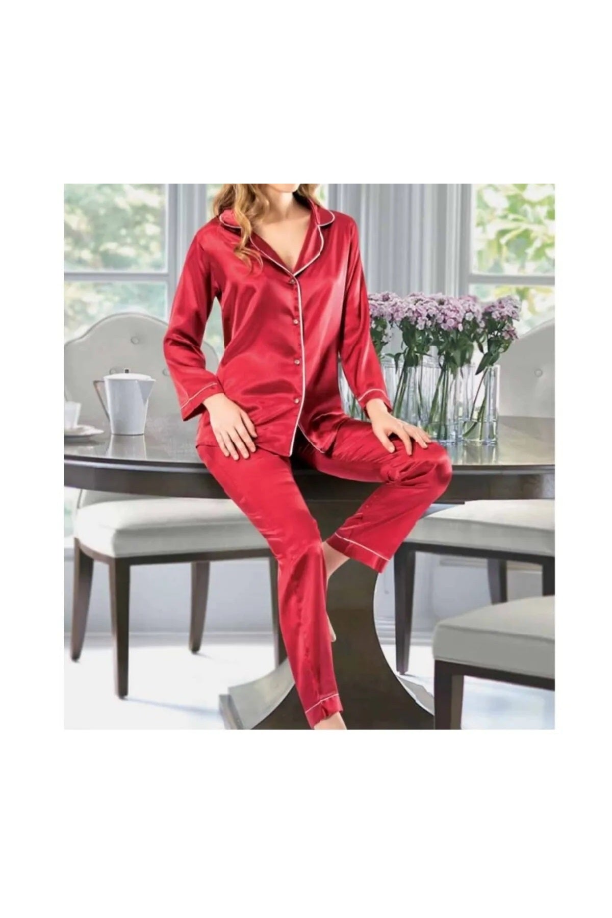 Kadın Kırmızı Önden Düğmeli Saten Pijama Takımı N.İ.L.R.O.Z2.E.0.L.4.T.5.T.T