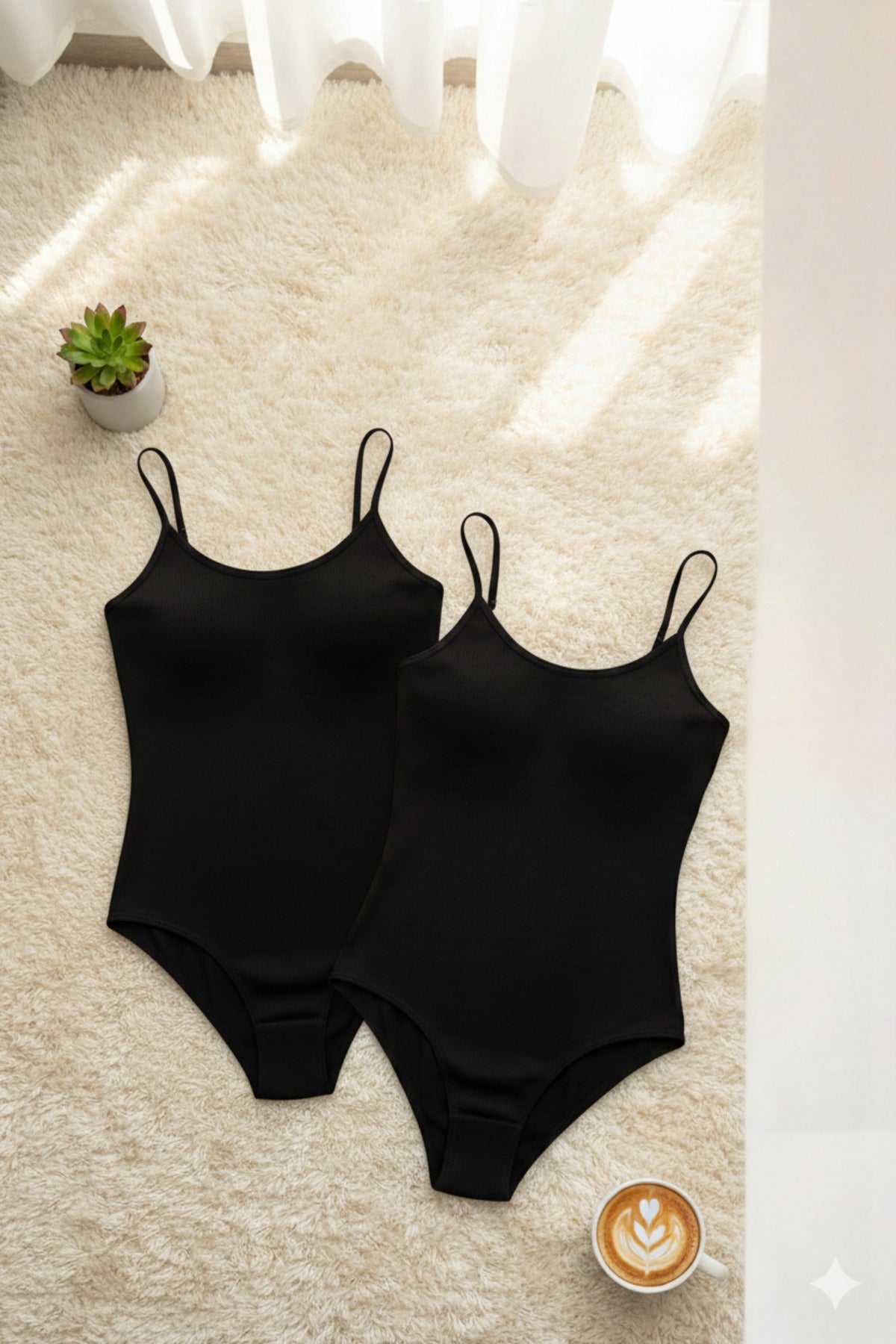 Kadın Pamuklu İp Askılı Geniş Yaka Siyah 2'li Çıtçıtlı Body