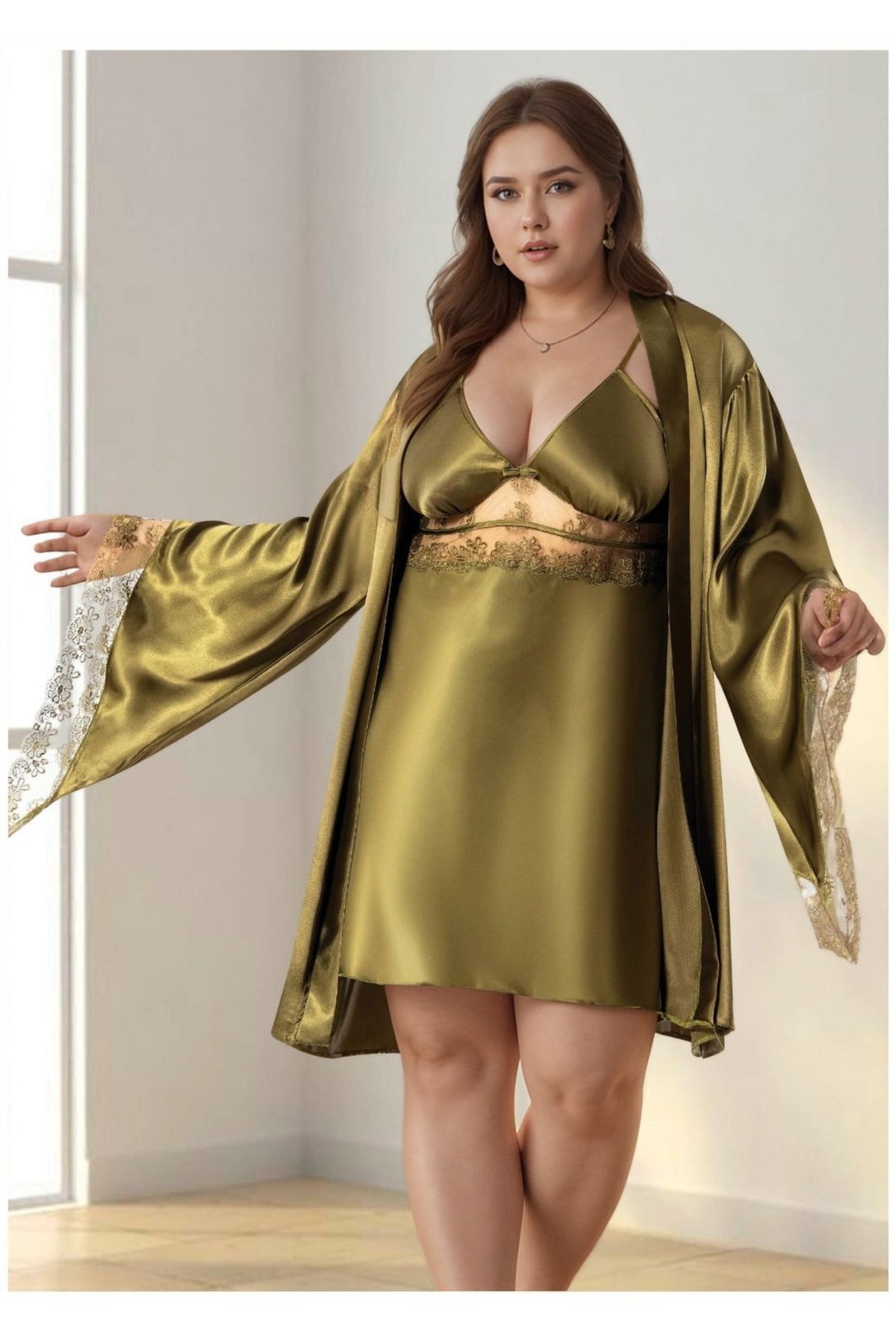 Büyük Beden Saten Gecelik Sabahlık Takımı - Haki Yeşili Dantel Detaylı 2'li Plus Size Set