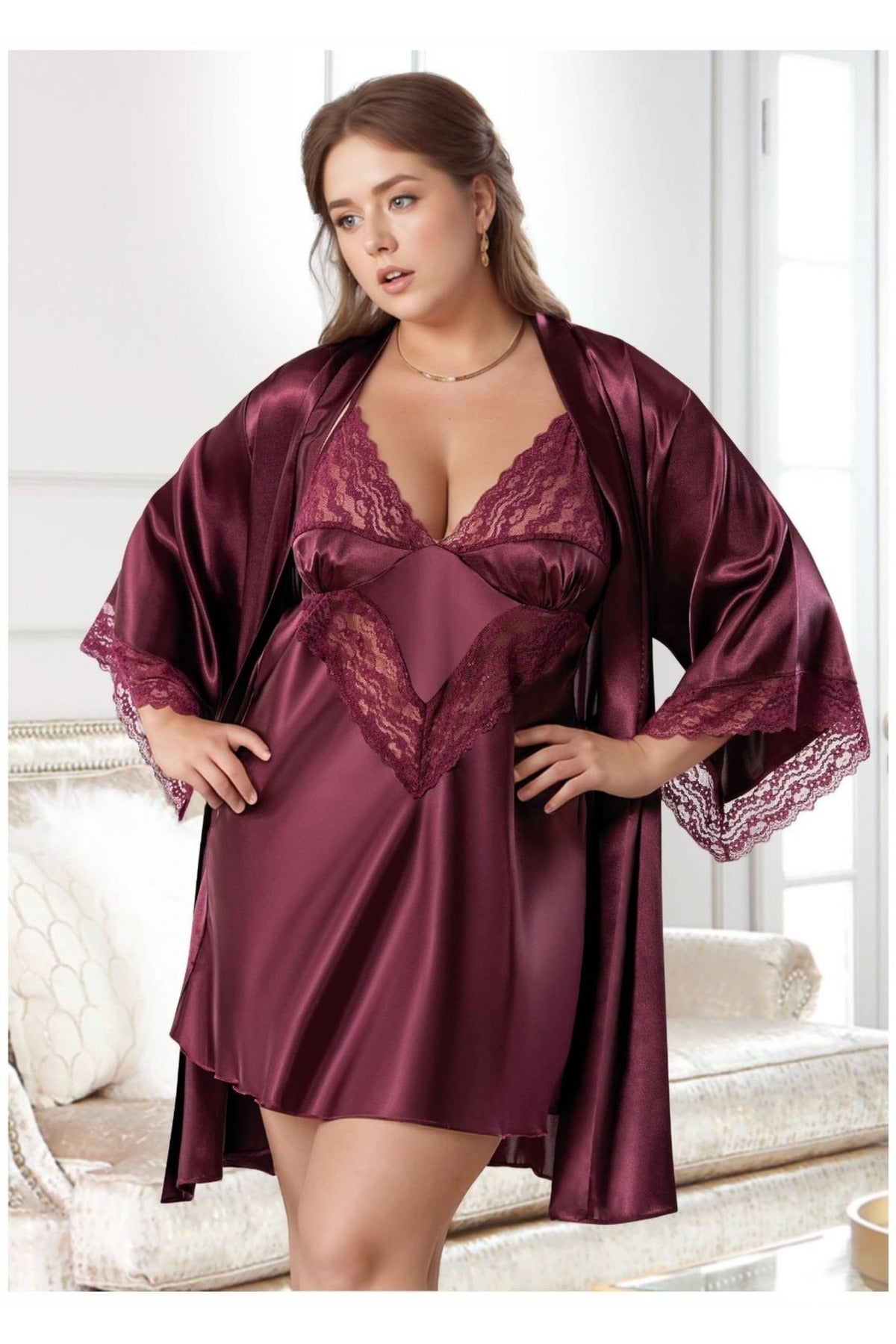 Büyük Beden Saten Gecelik Sabahlık Takımı - Mürdüm Dantel Detaylı 2'li Plus Size