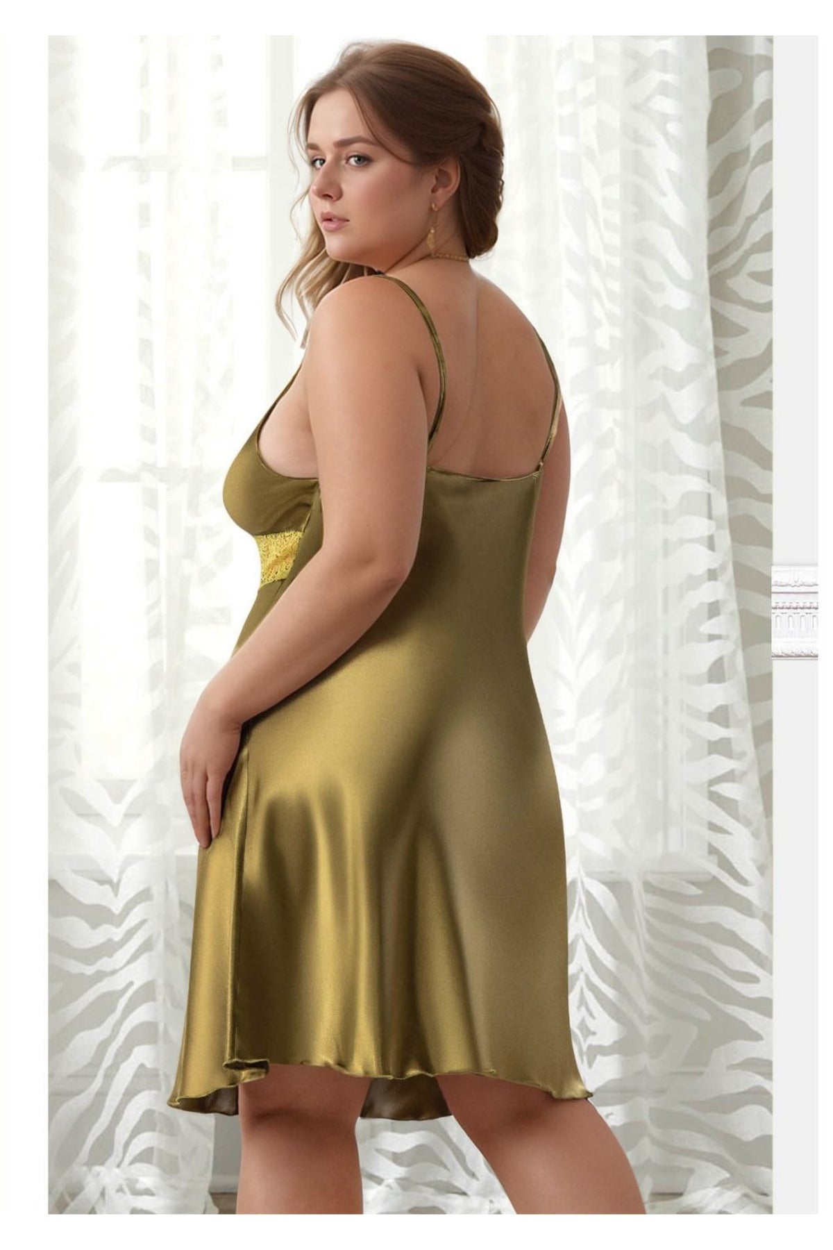 Kadın Haki Büyük Beden Saten Gecelik - Göğsü Güpürlü Plus Size Ev Giyimi