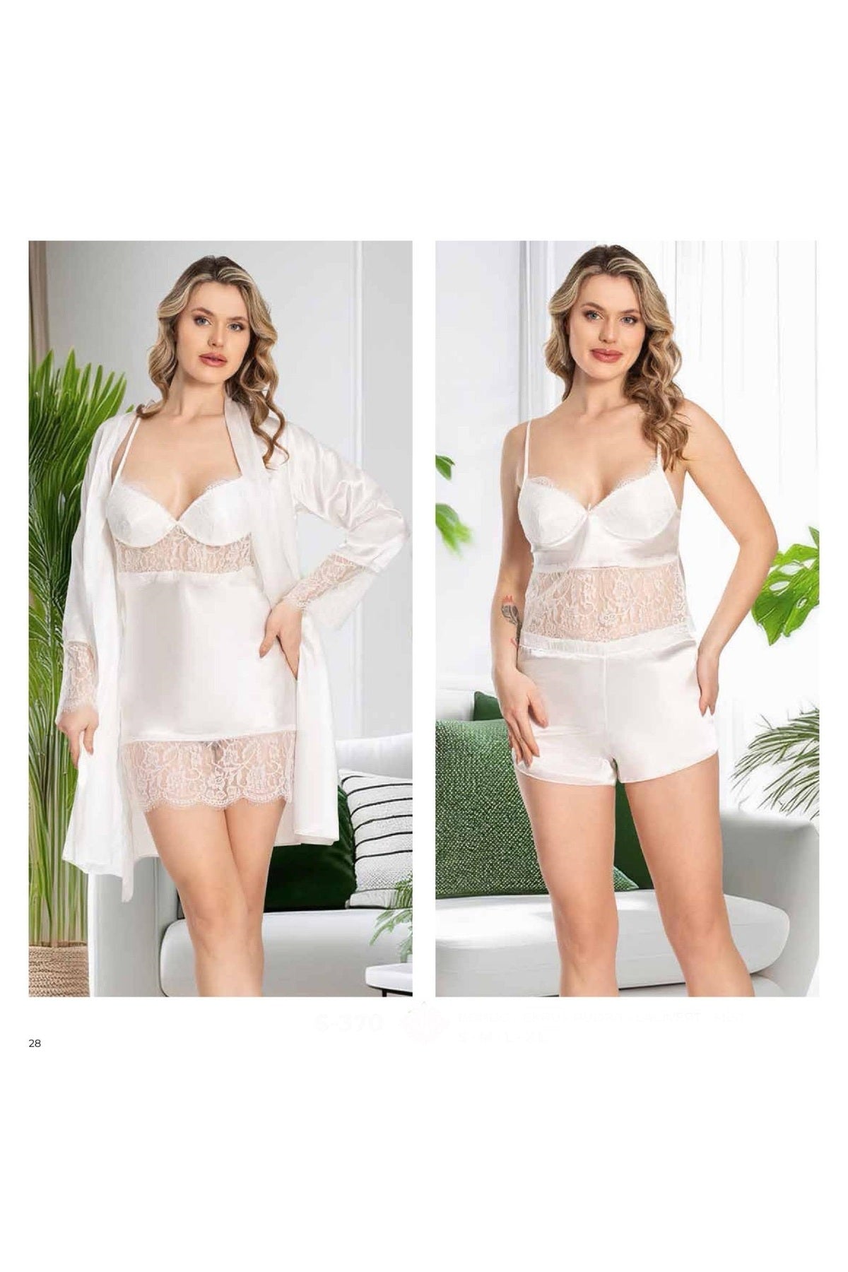 Kadın Ekru Saten Gecelik Sabahlık Pijama Takım Şort Takım 6'lı Set J.ER.3.R.O.Z7.0.E.L.T.