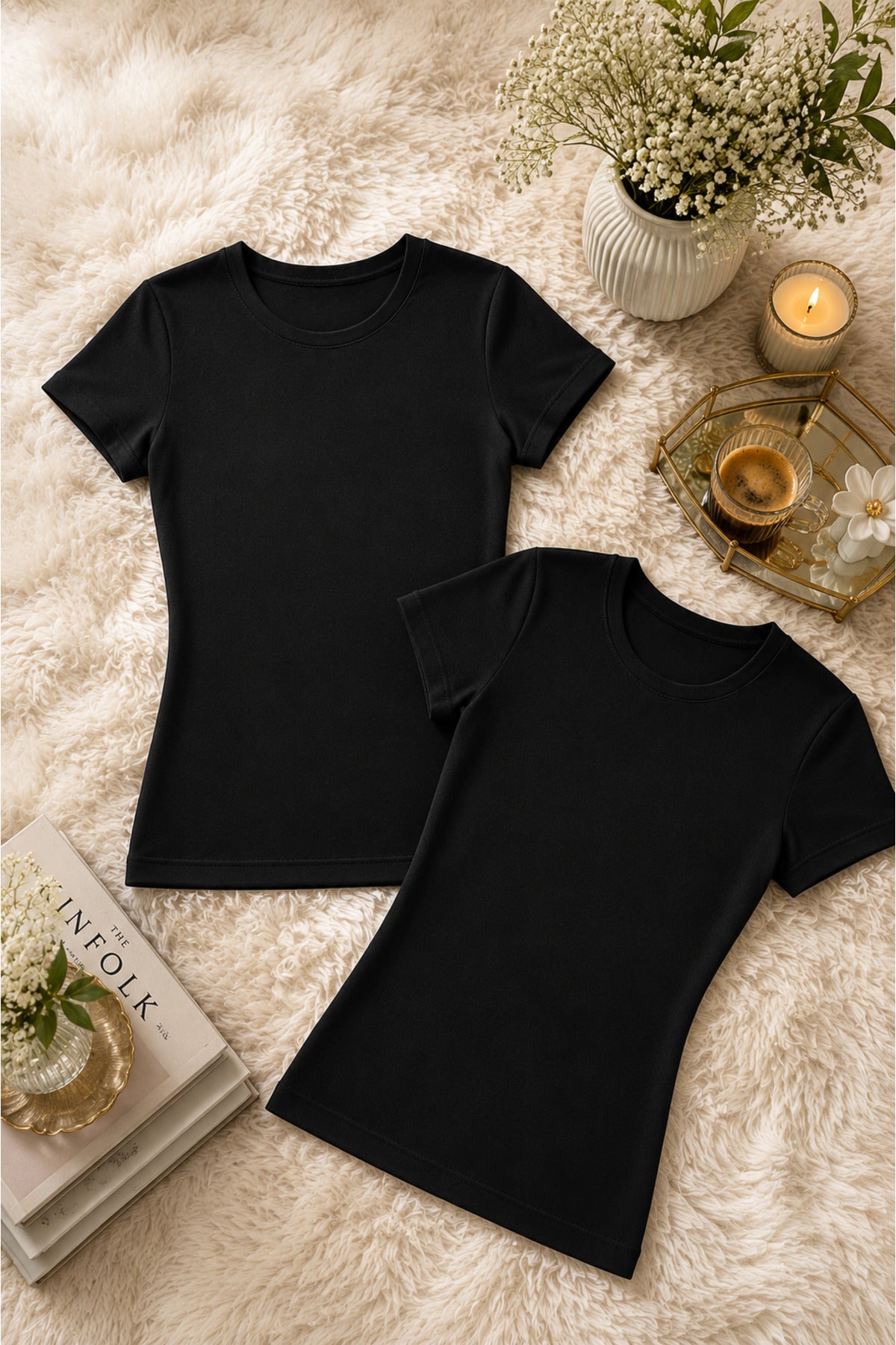 Kadın Siyah Pamuklu Likralı Yarım Kol 2'li Atlet T-shirt