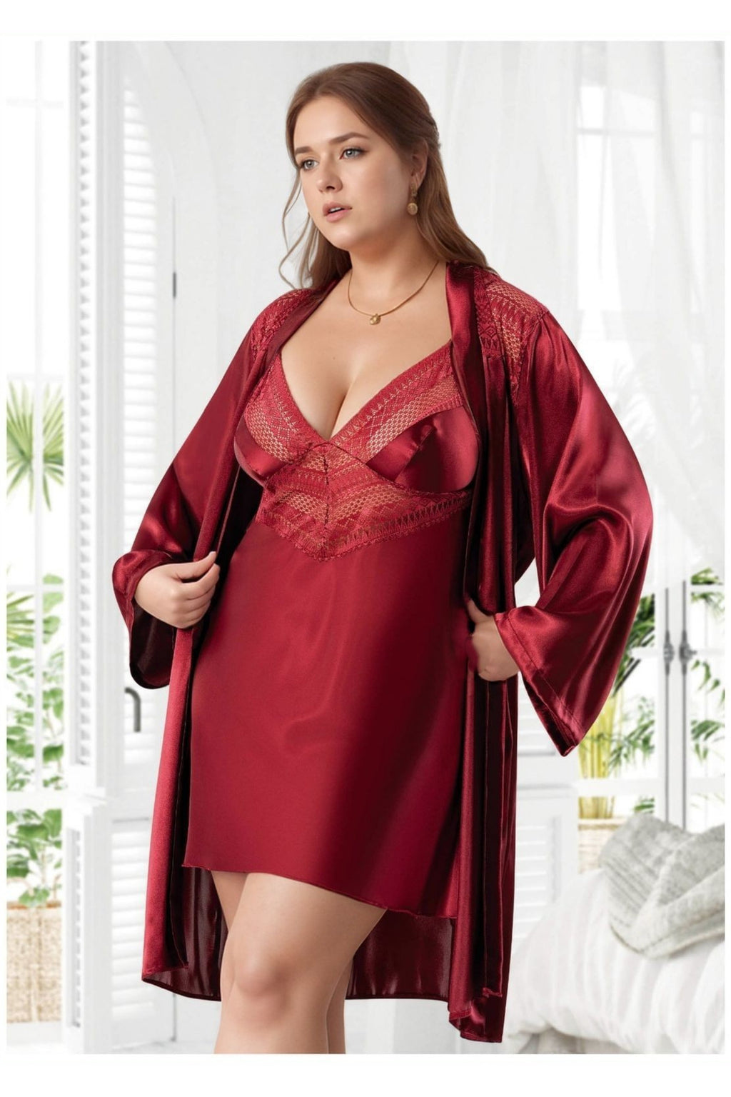 Büyük Beden Saten Gecelik Sabahlık Takımı - Bordo Dantel İşlemeli 2'li Plus Size Set