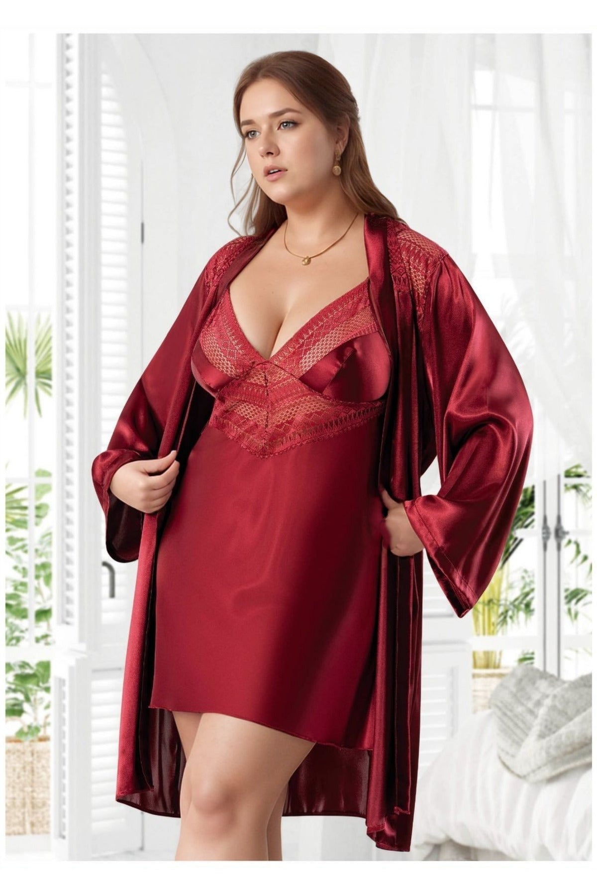 Büyük Beden Saten Gecelik Sabahlık Takımı - Bordo Dantel İşlemeli 2'li Plus Size Set