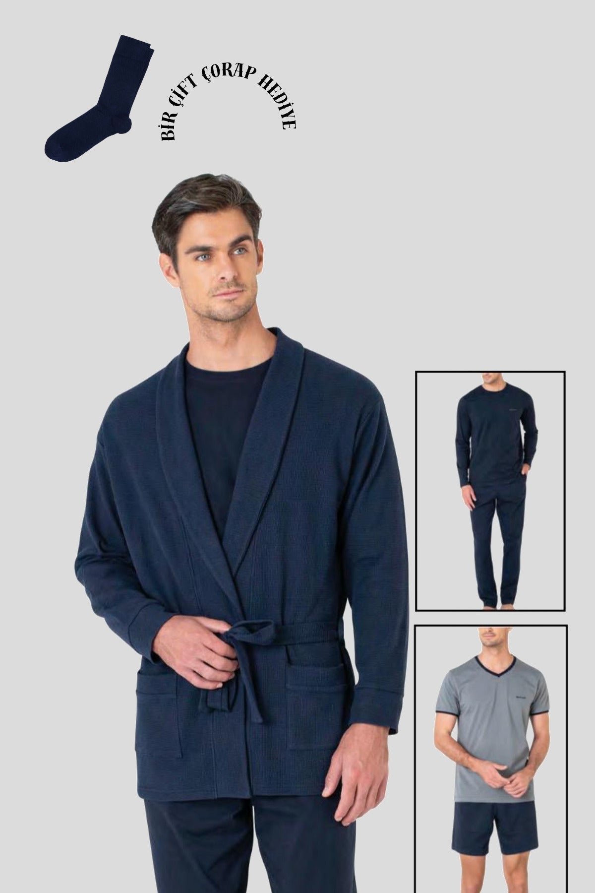 Erkek Lacivert 5'li %100 Pamuklu Röpdoşambırlı Kutulu Damat Çeyiz Seti 1 Çift Çorap Hediyeli