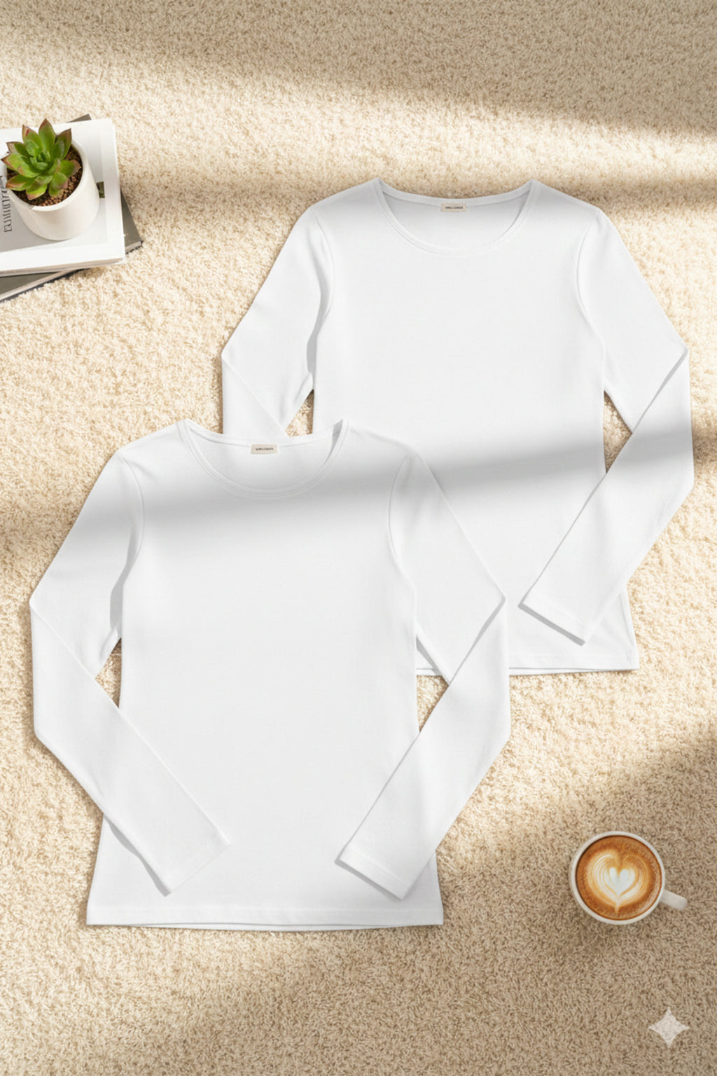 Kadın Modal Pamuklu Likralı Beyaz Uzun Kol 2'li T-shirt