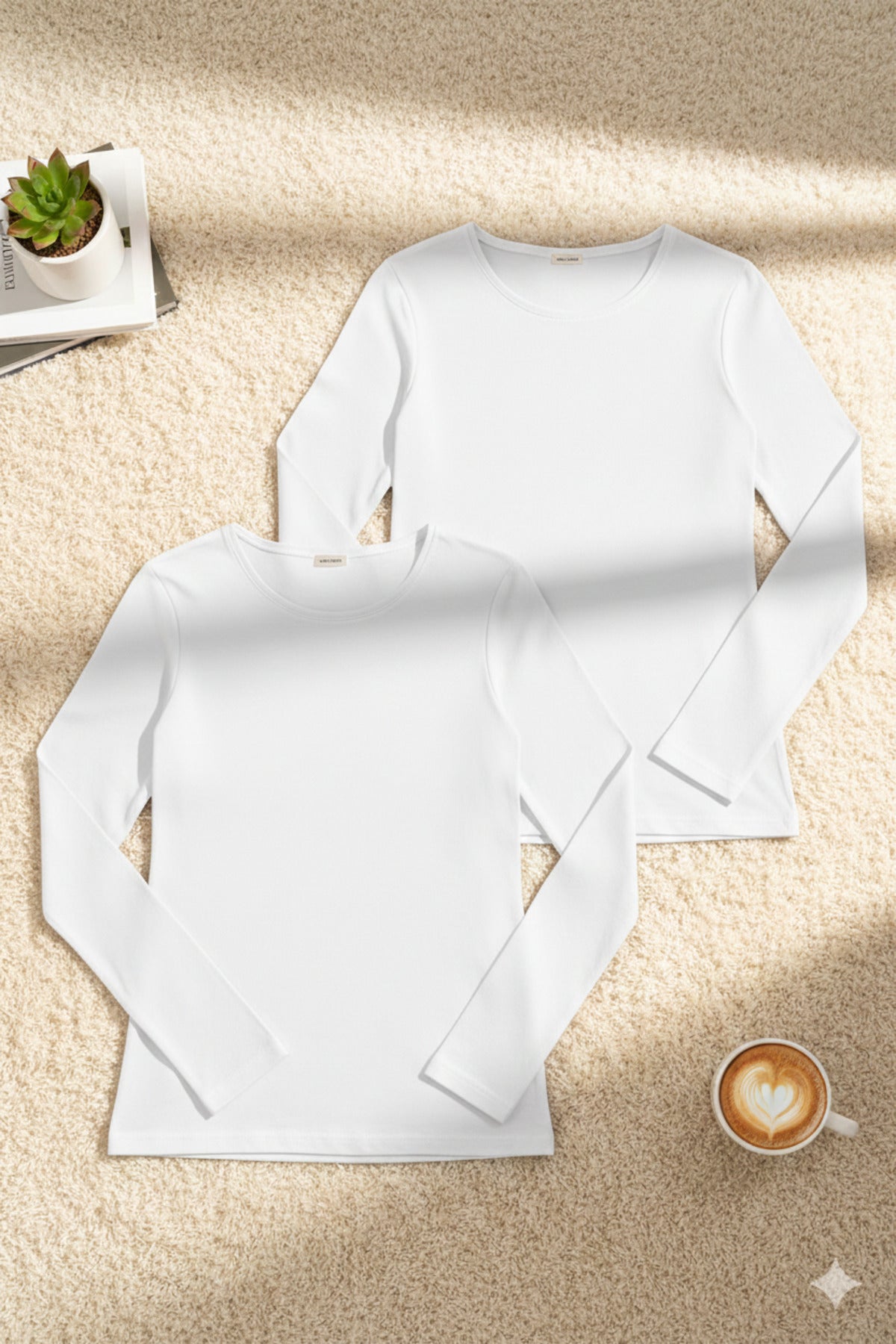 Kadın Modal Pamuklu Likralı Beyaz Uzun Kol 2'li T-shirt