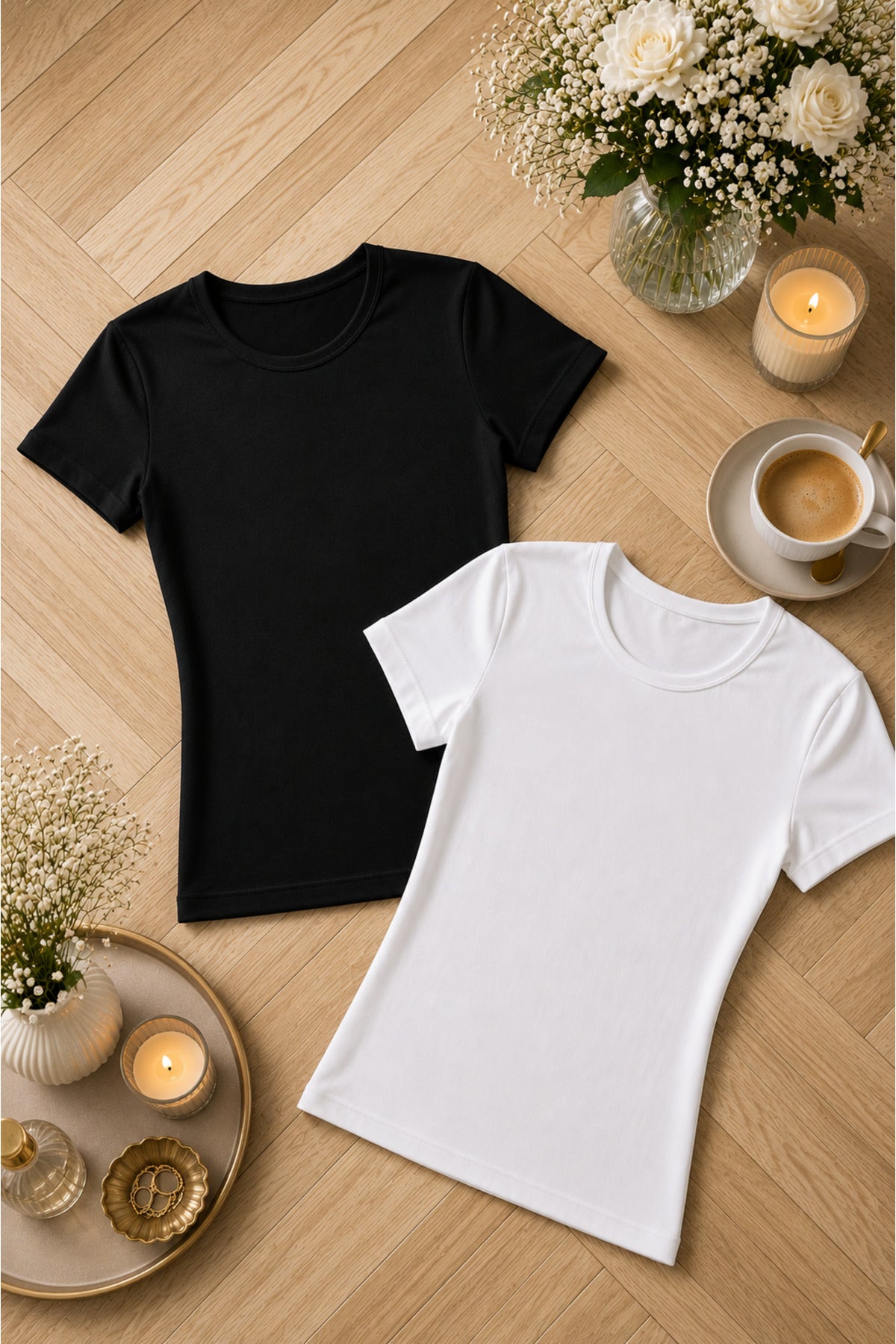 Kadın Siyah & Beyaz Modal Pamuklu Likralı Yarım Kol 2'li Atlet T-shirt