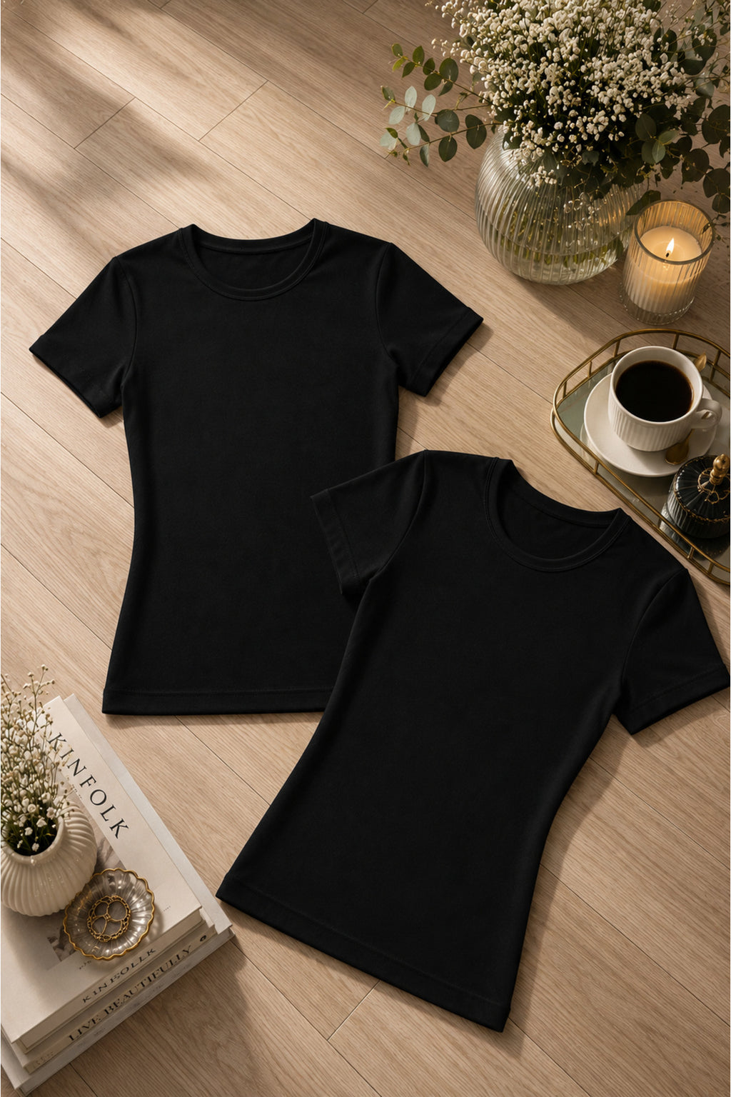 Kadın Siyah Modal Pamuklu Likralı Yarım Kol 2'li Atlet T-shirt