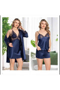 Kadın Lacivert Saten Gecelik Sabahlık Pijama Takım Şort Takım 6'lı Set J.ER.3.R.O.Z6.0.E.L.T.