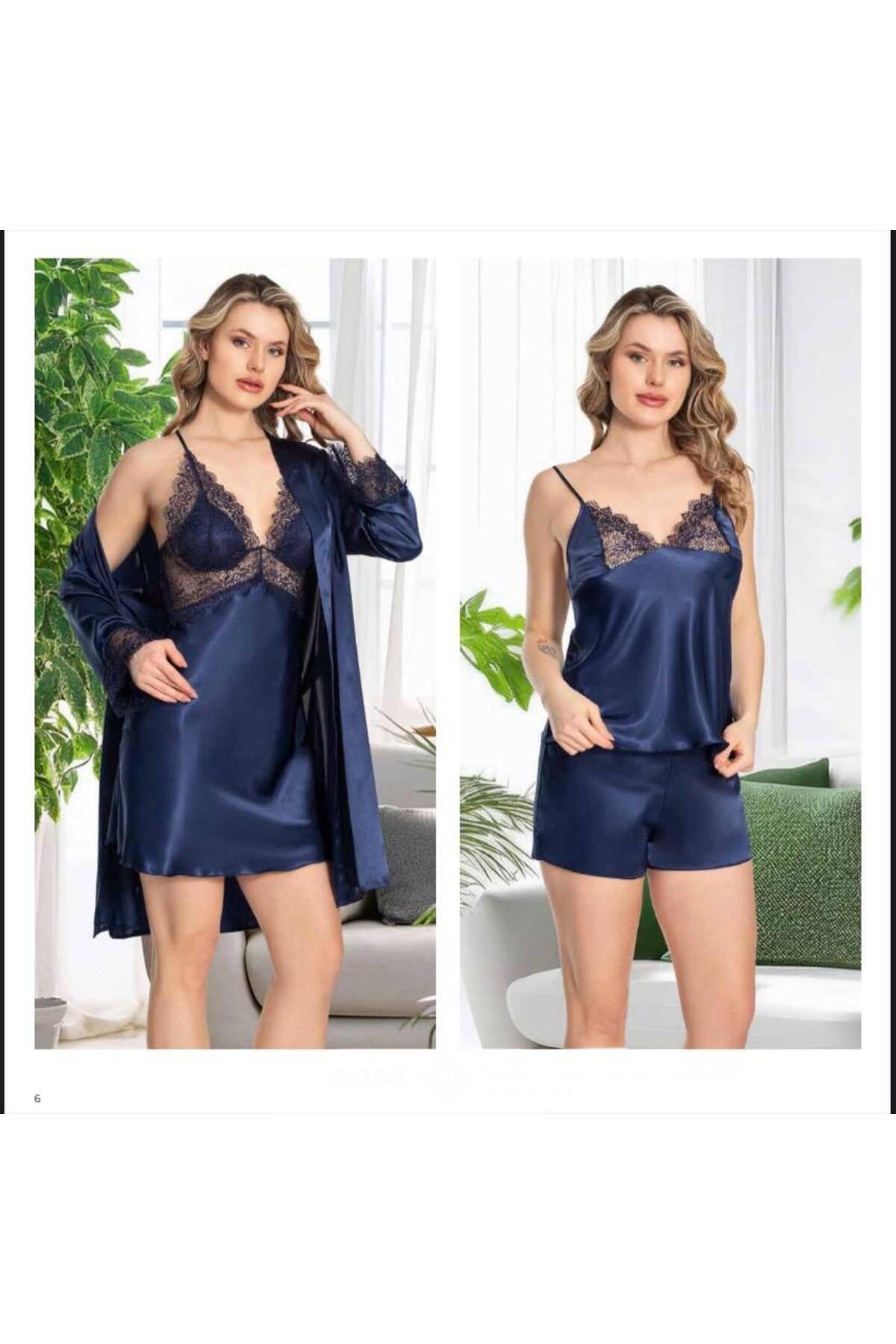 Kadın Lacivert Saten Gecelik Sabahlık Pijama Takım Şort Takım 6'lı Set J.ER.3.R.O.Z6.0.E.L.T.