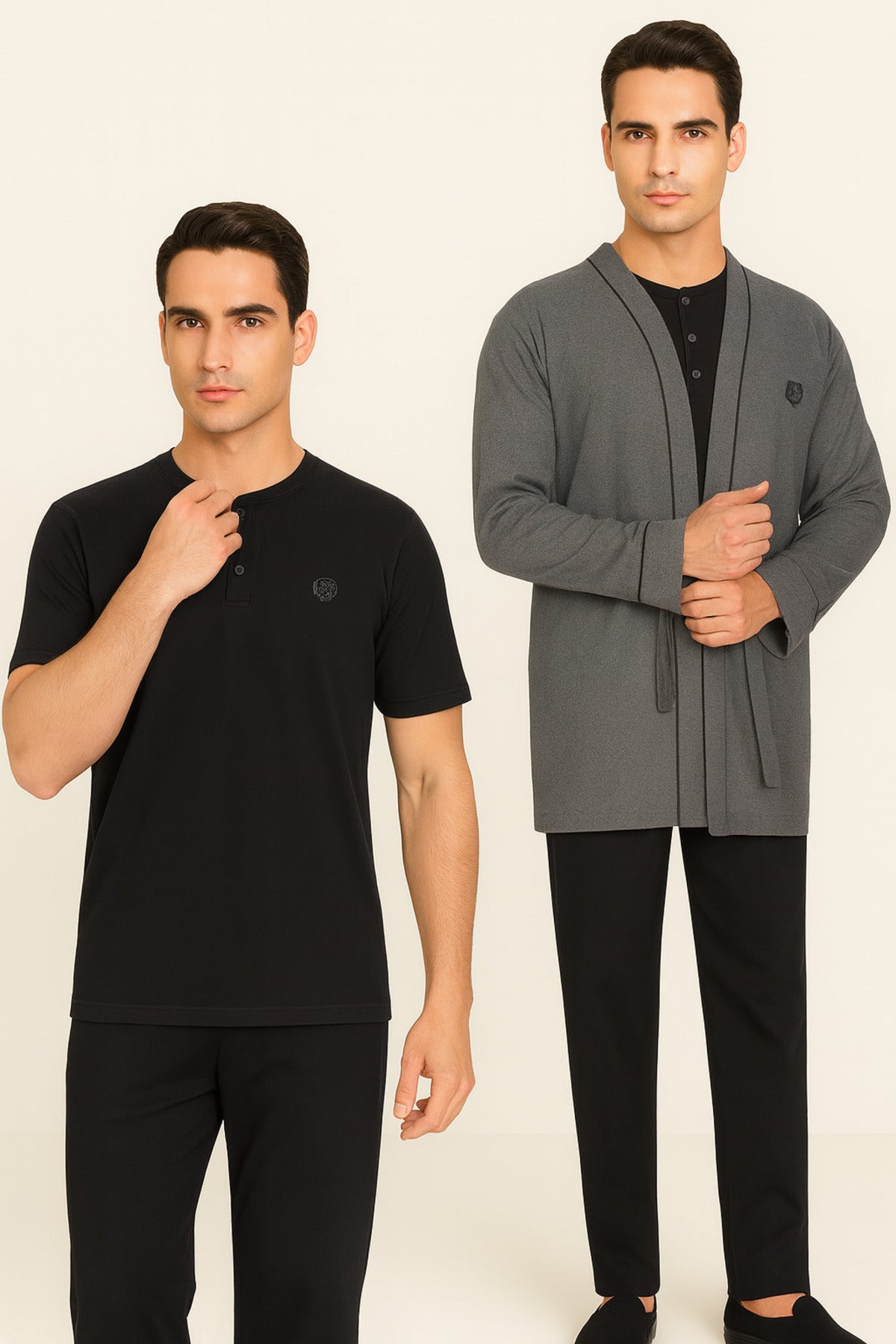 Erkek Gri %100 Pamuklu 5 Parça Robdöşambr & Kutulu Pijama Takımı