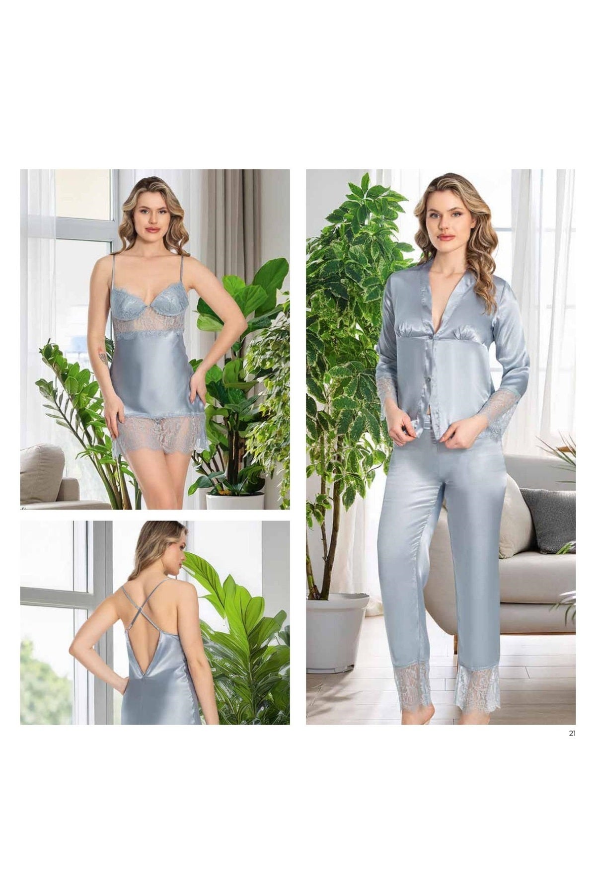 Kadın Mist  Saten Gecelik Sabahlık Pijama Takım Şort Takım 6'lı Set J.ER.3.R.O.Z7.0.E.L.T.