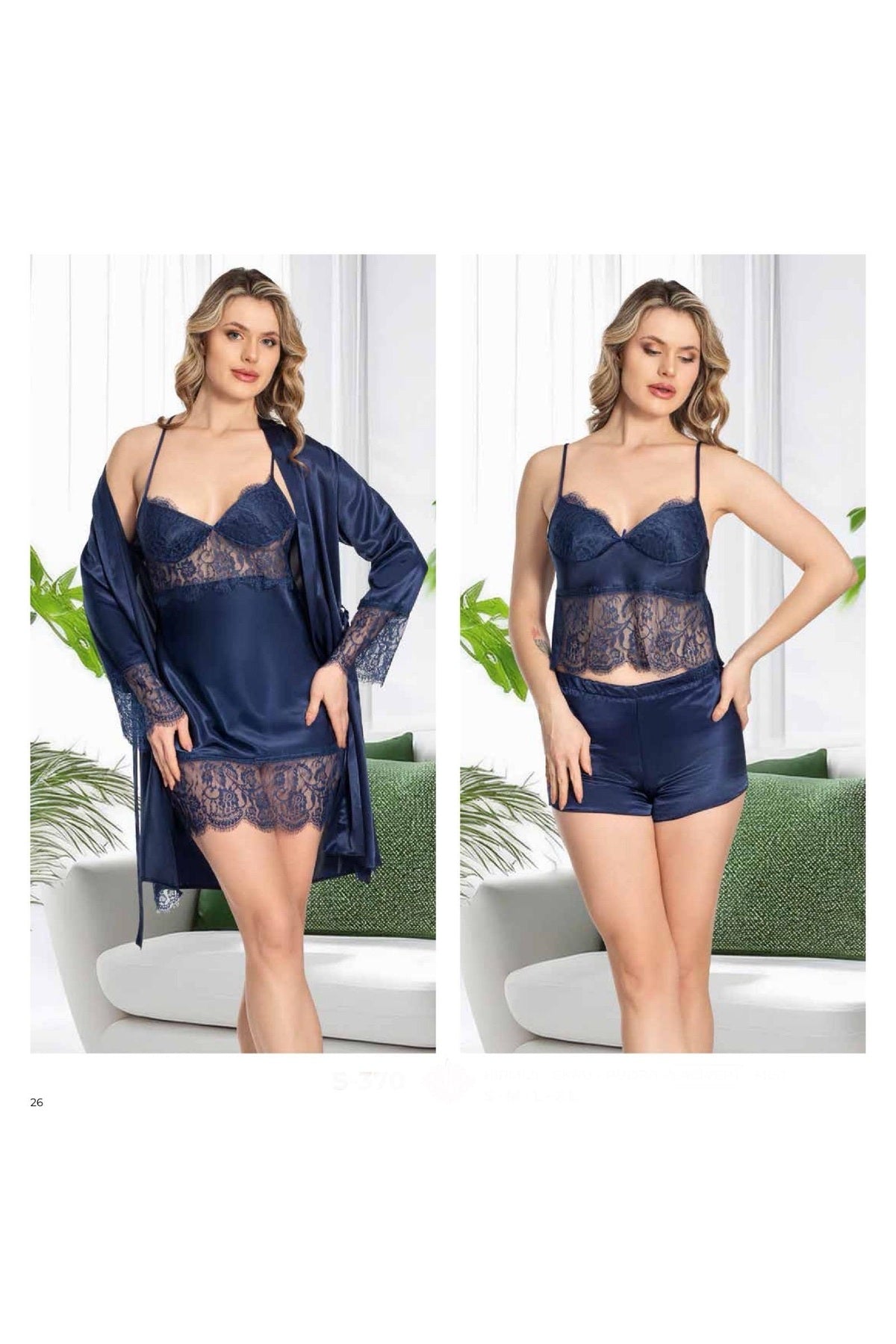 Kadın Lacivert Saten Gecelik Sabahlık Pijama Takım Şort Takım 6'lı Set J.ER.3.R.O.Z7.0.E.L.T.