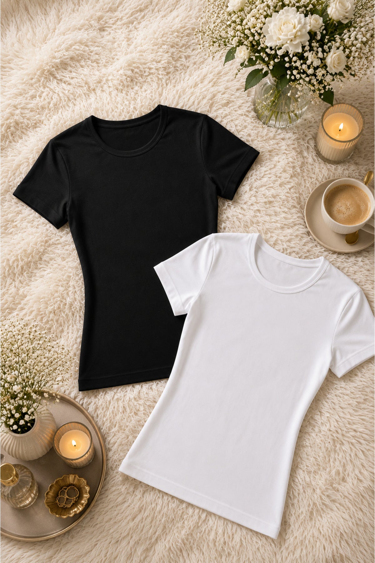 Kadın Siyah & Beyaz Pamuklu Likralı Yarım Kol 2'li Atlet T-shirt