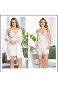 Kadın Ekru Saten Gecelik Sabahlık Pijama Takım Şort Takım 6'lı Set J.ER.3.R.O.Z6.0.E.L.T.