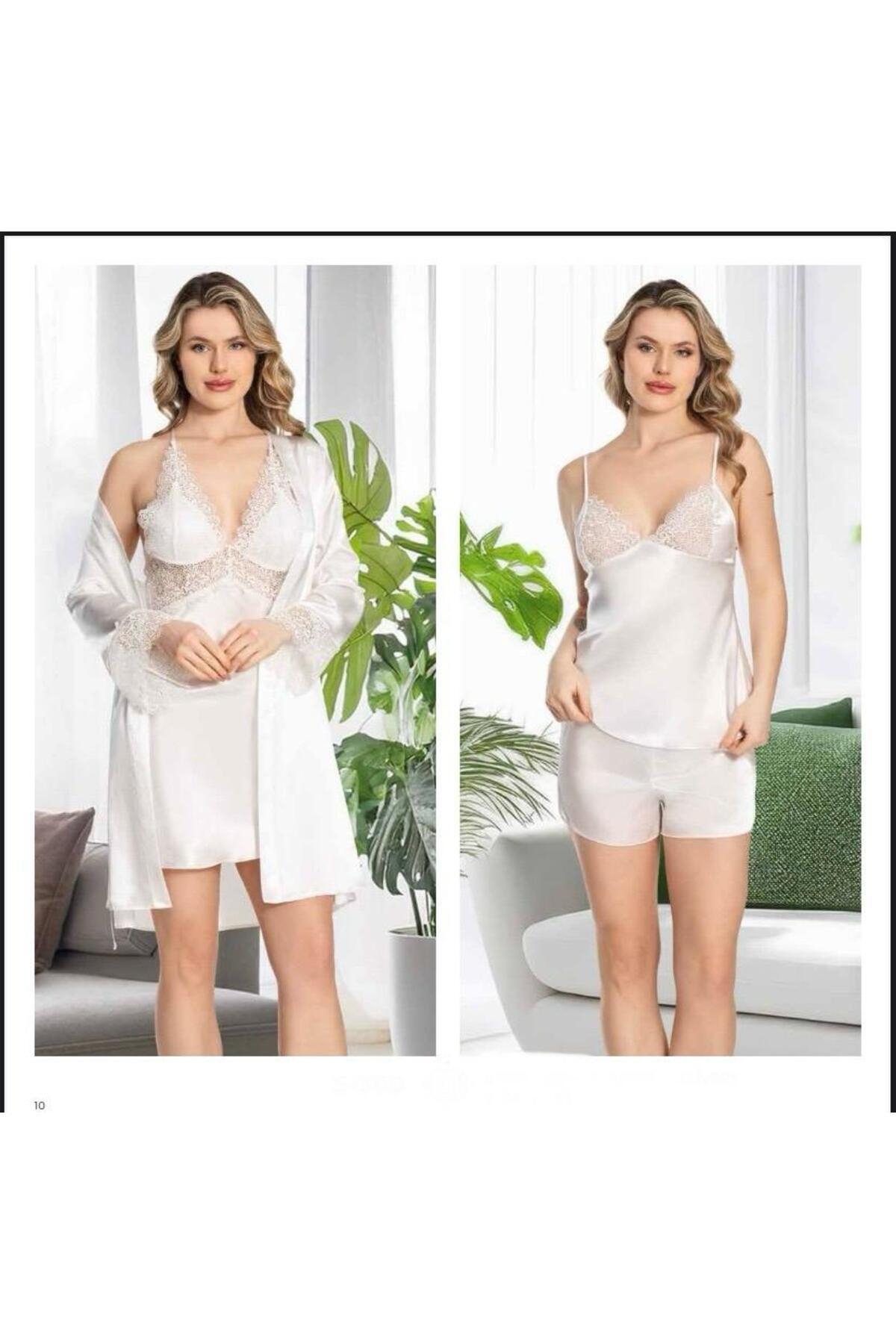 Kadın Ekru Saten Gecelik Sabahlık Pijama Takım Şort Takım 6'lı Set J.ER.3.R.O.Z6.0.E.L.T.