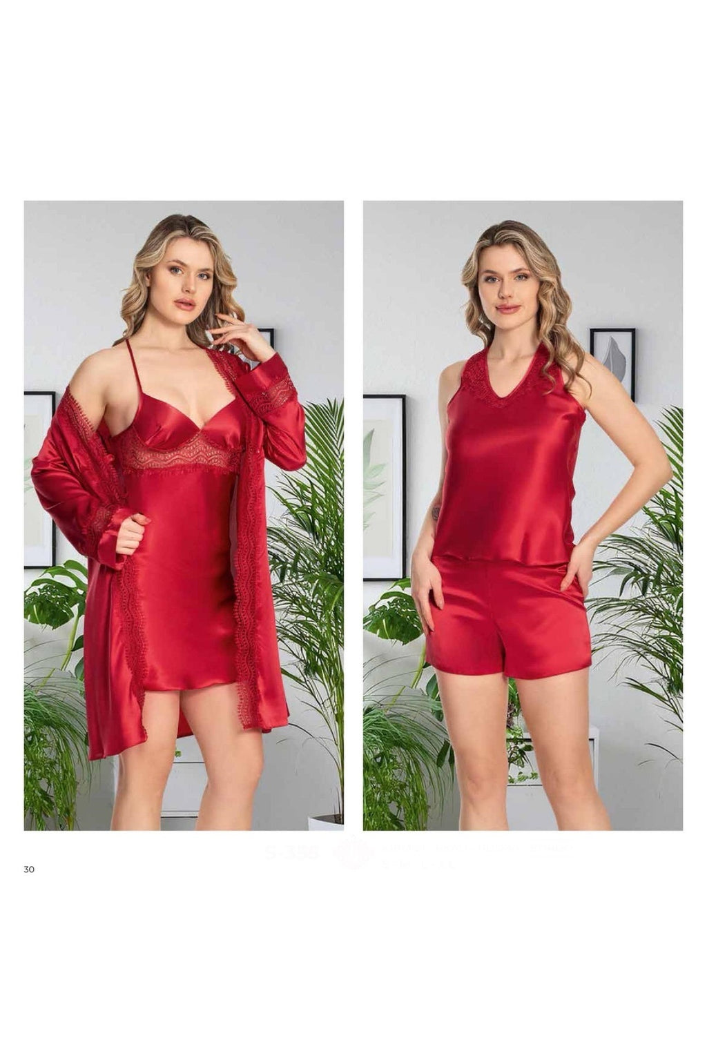 Kadın Bordo Saten Gecelik Sabahlık Pijama Takım Şort Takım 6'lı Set J.ER.3.R.O.Z5.5.E.L.T.
