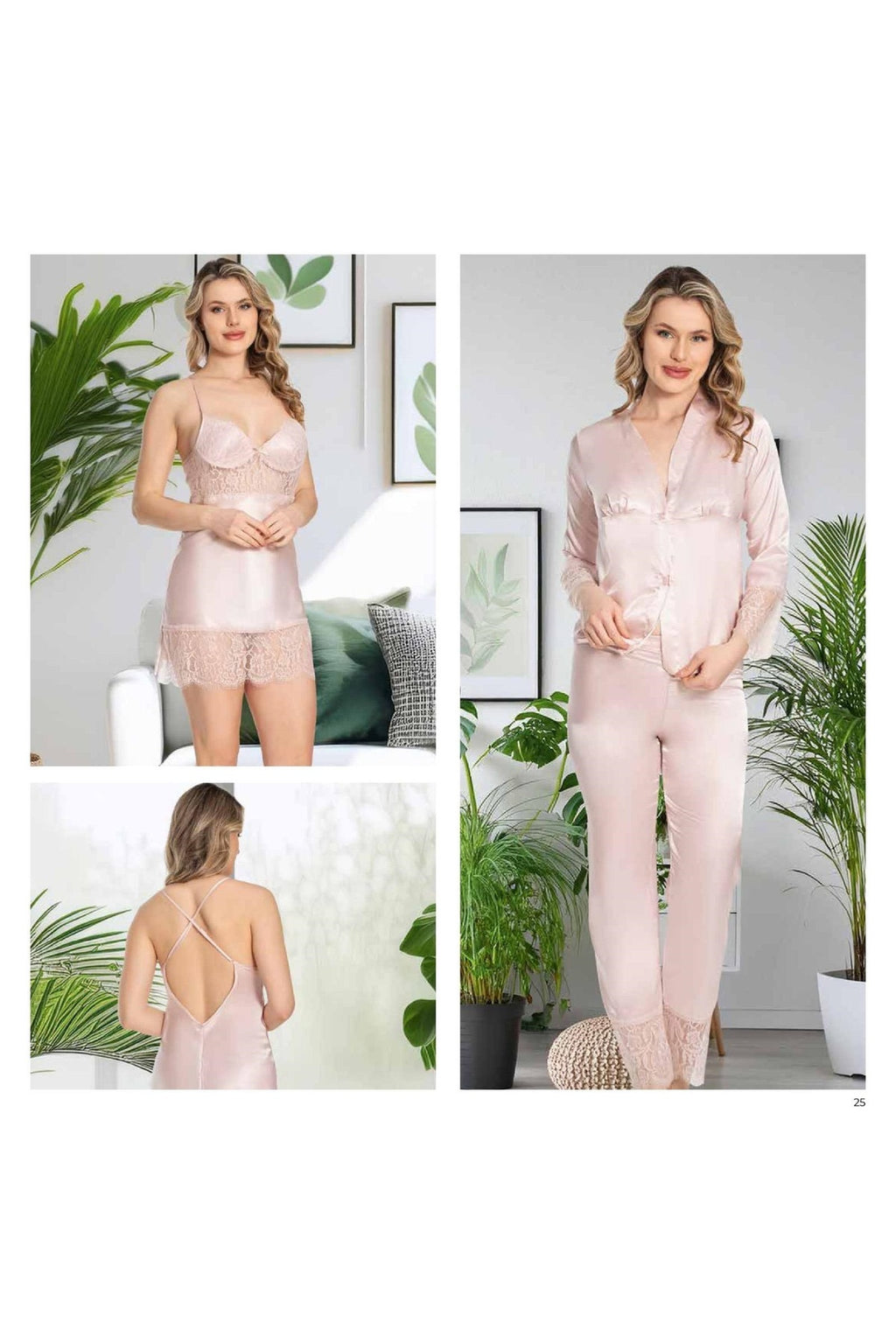 Kadın Pudra Saten Gecelik Sabahlık Pijama Takım Şort Takım 6'lı Set J.ER.3.R.O.Z7.0.E.L.T.