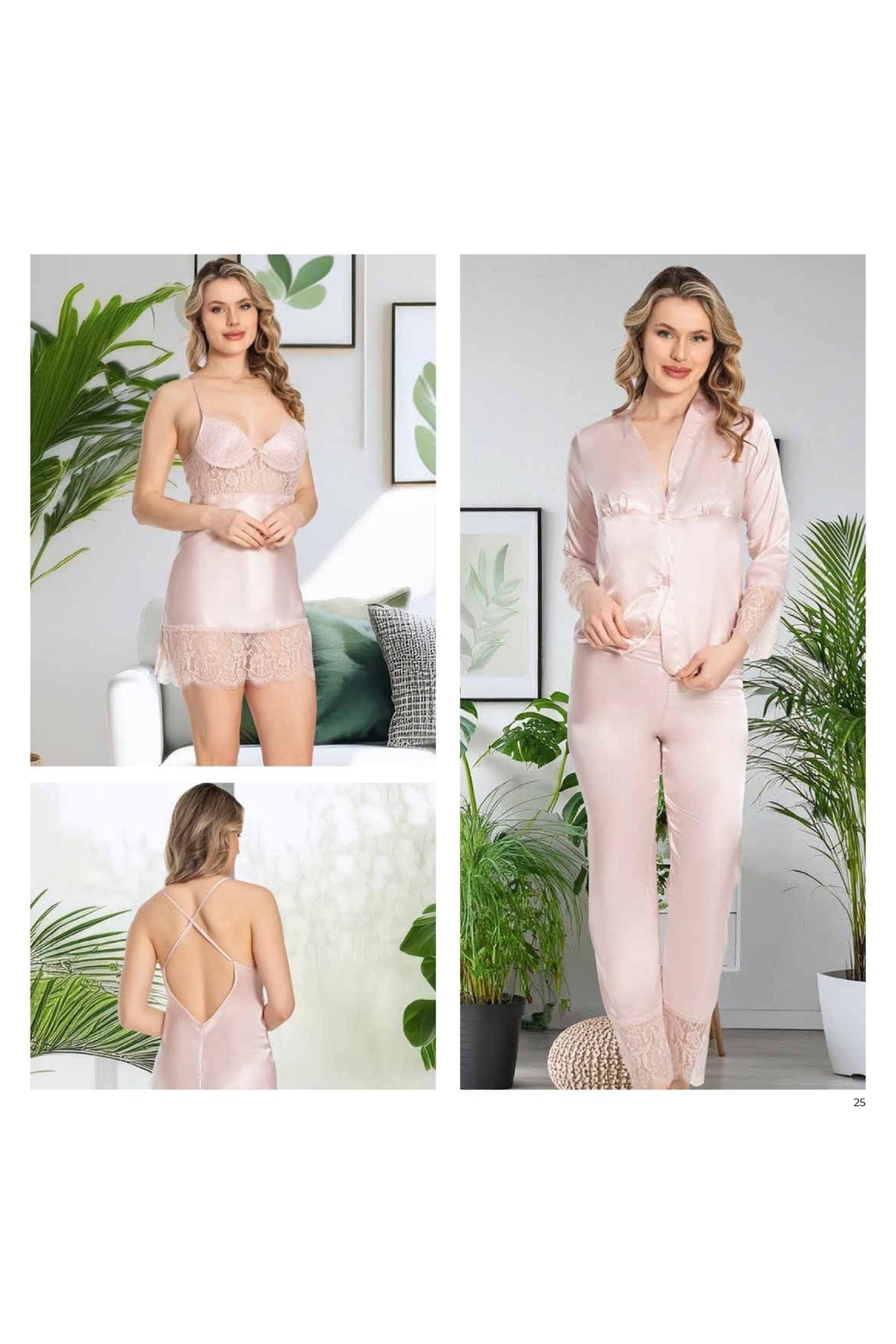 Kadın Pudra Saten Gecelik Sabahlık Pijama Takım Şort Takım 6'lı Set J.ER.3.R.O.Z7.0.E.L.T.
