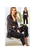 Kadın Siya Dantel Detaylı Sabahlık Saten 3'lü Pijama Takımı N.İ.L.R.O.Z3.E.0.L.1.T.9.T.T