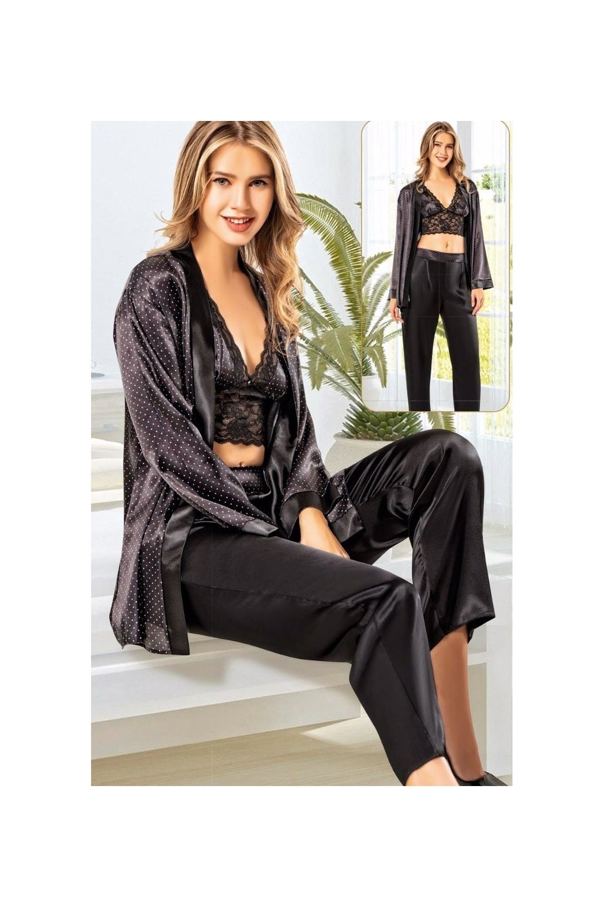 Kadın Siya Dantel Detaylı Sabahlık Saten 3'lü Pijama Takımı N.İ.L.R.O.Z3.E.0.L.1.T.9.T.T