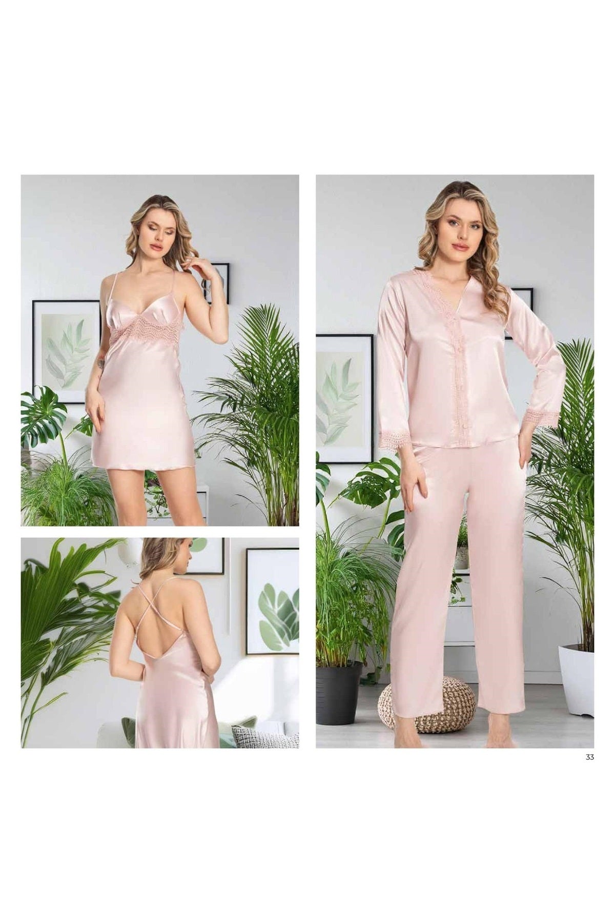 Kadın Pudra Saten Gecelik Sabahlık Pijama Takım Şort Takım 6'lı Set J.ER.3.R.O.Z5.5.E.L.T.