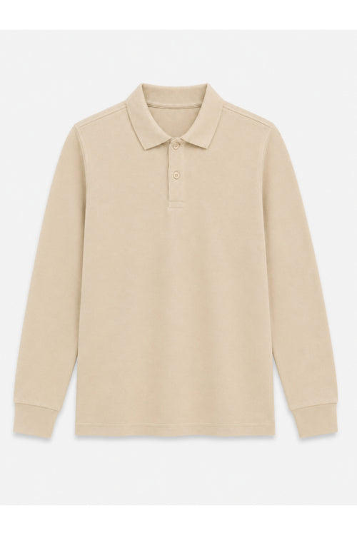 Bej Uzun Kollu Polo Yaka Lakos Okul T-shirt R.O.Z.K.U.U.LT.E.L.T.