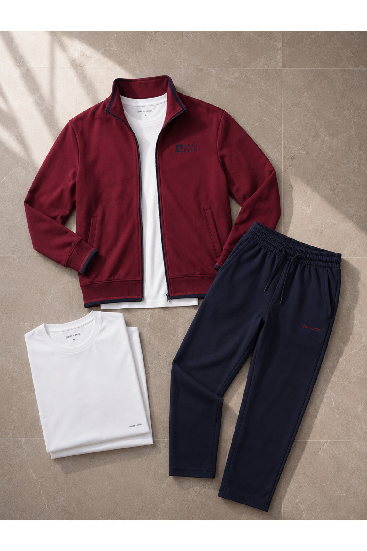 Bordo Eşofman & Beyaz Basic Tişört Erkek İkili Kombin Set