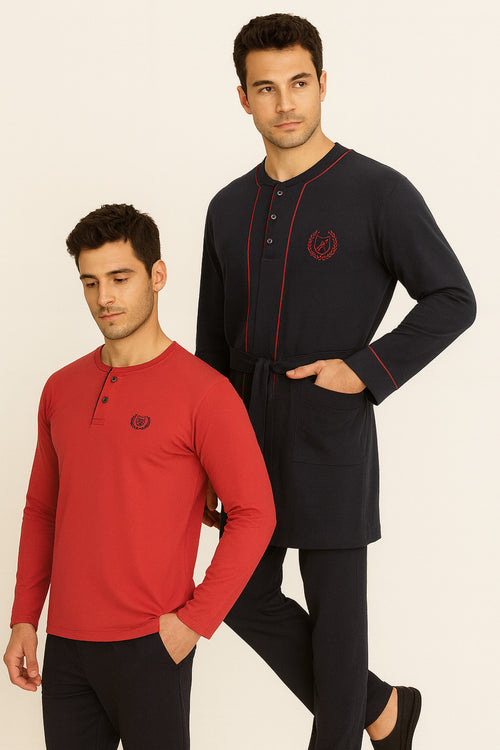 Erkek Lacivert %100 Pamuklu 3 Parça Robdöşambr Kutulu Pijama Takımı