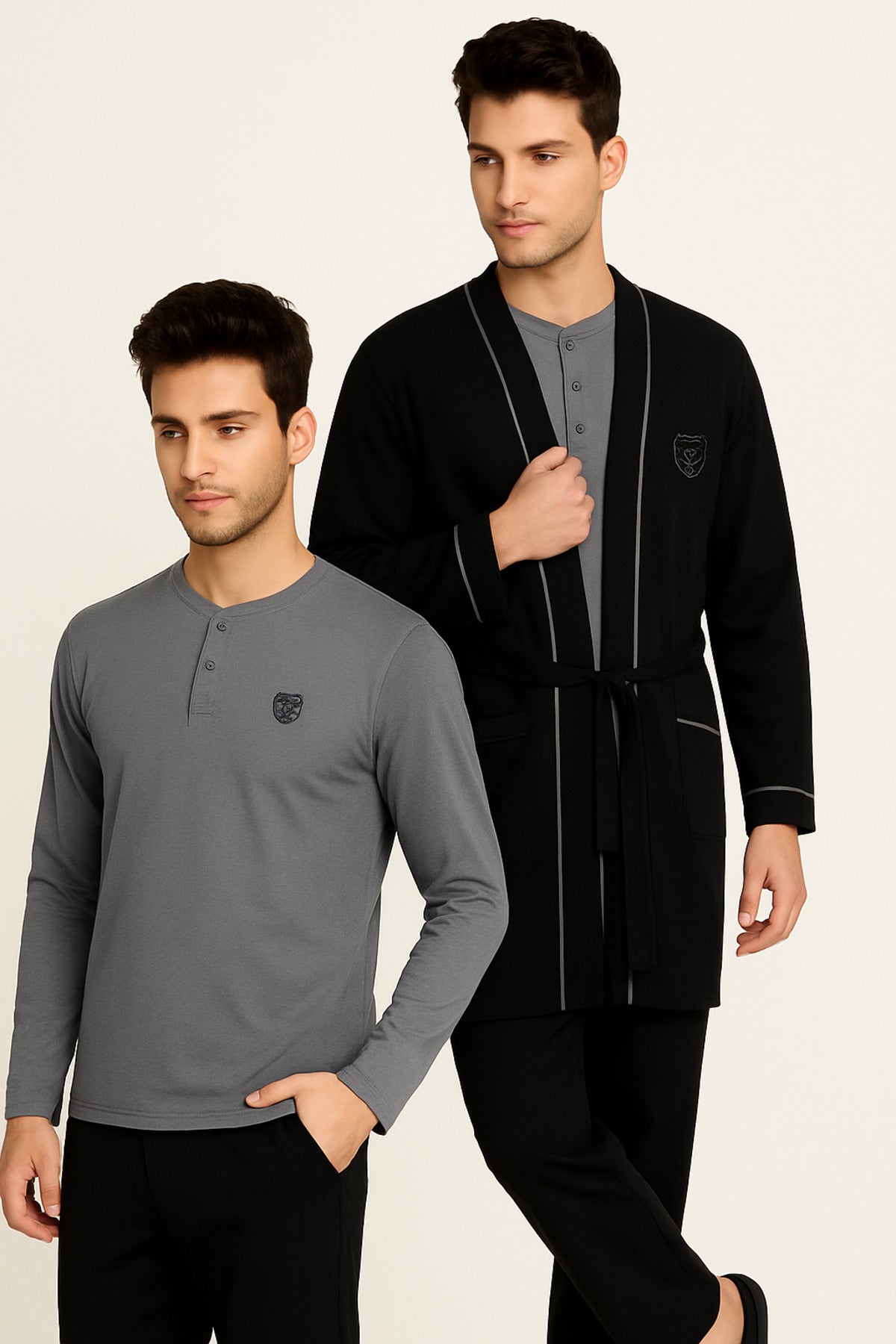 Erkek Siyah %100 Pamuklu 3 Parça Robdöşambr Kutulu Pijama Takımı